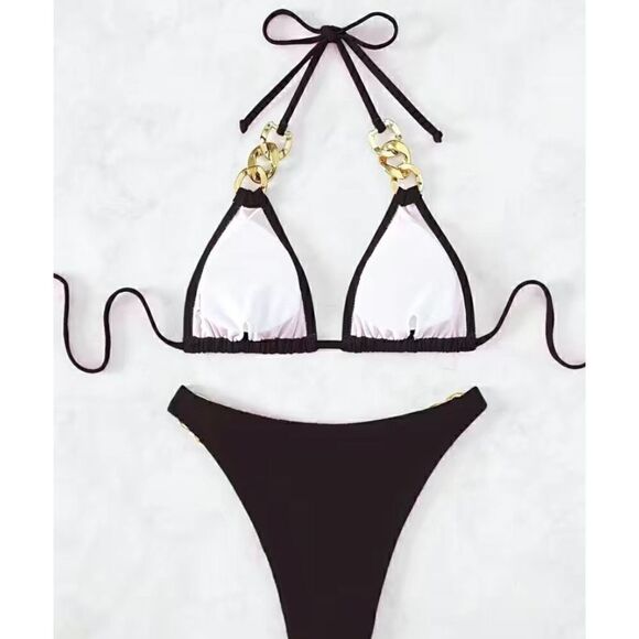 NEW SZ XL Woman’s Black V-Neck Tie Back Gold Ring Link Bikini - Picture 3 of 6